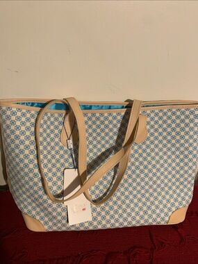 Canvas Tote with Beige Trim and Blue Patterned Body